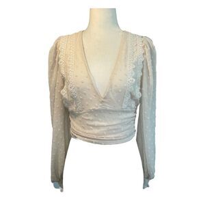 Privy‎ Cropped Lace Blouse Cream Sheer Swiss Dots V-Neck Smocked Long Sleeve S